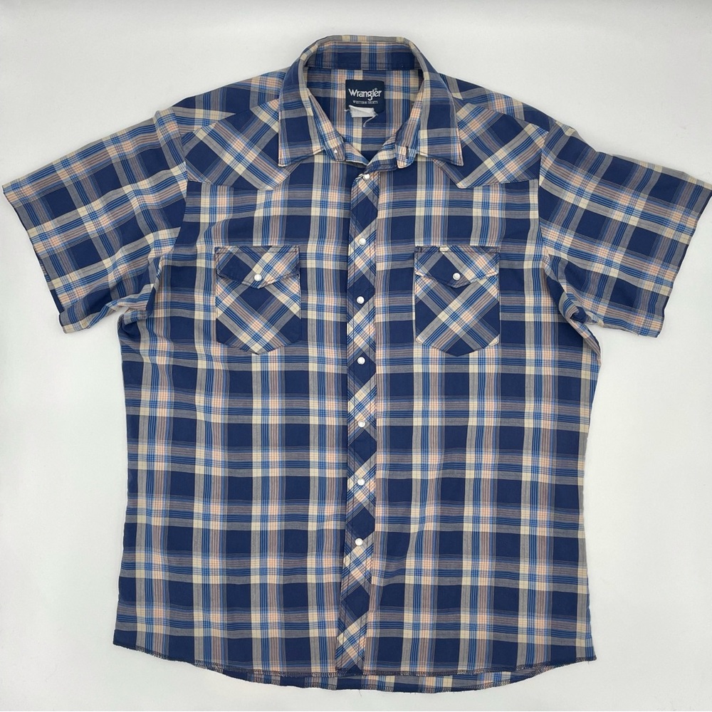 Vintage Wrangler Western Shirt‎ Men's Blue Plaid Pearl Snaps Short Sleeves Retro